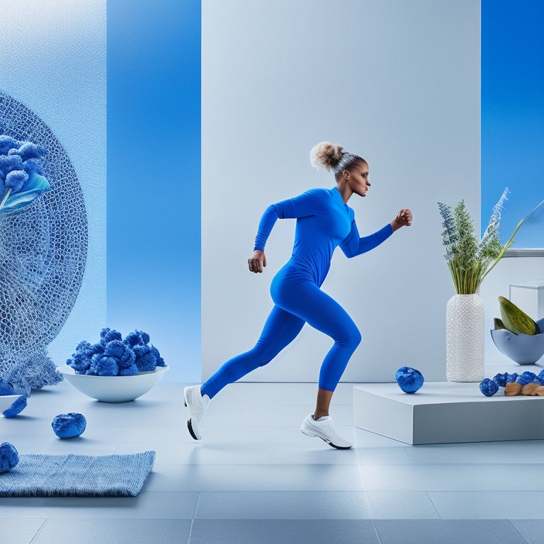 A serene background with a subtle gradient of calming blues and whites, featuring a stylized illustration of a person in motion, surrounded by healthy food, fitness props, and a faint outline of a slimmer silhouette.
