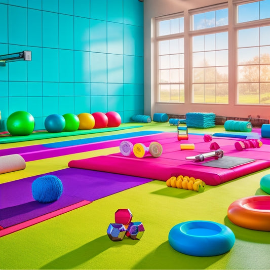 A vibrant workout space featuring a variety of colorful non-slip exercise mats, each with unique textures, surrounded by exercise equipment like dumbbells and yoga blocks, set against a bright, inviting background with natural light.