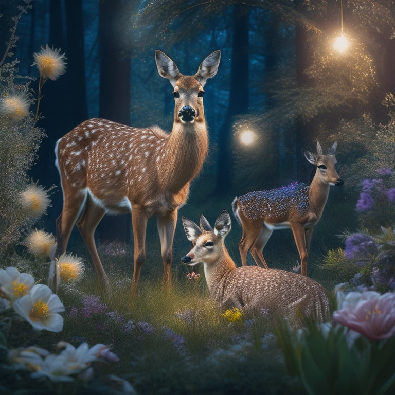 A whimsical illustration of a deer family in a moonlit forest, surrounded by fireflies and sparkling flowers, with a fawn peeking out from behind a mother deer's gentle gaze.