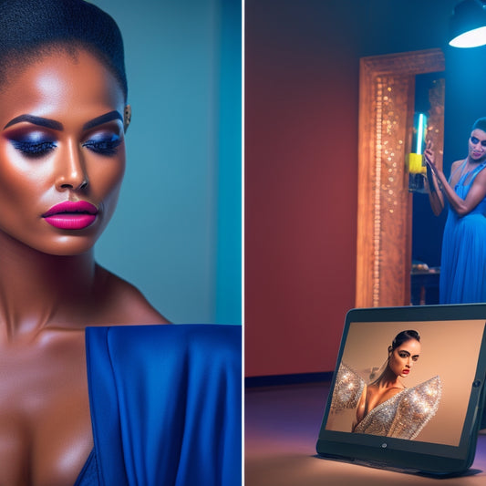 A split-screen image featuring a solo dancer in a dimly lit studio on one side, and a tablet or smartphone displaying a digital makeup tutorial on the other, with makeup brushes and products scattered around.