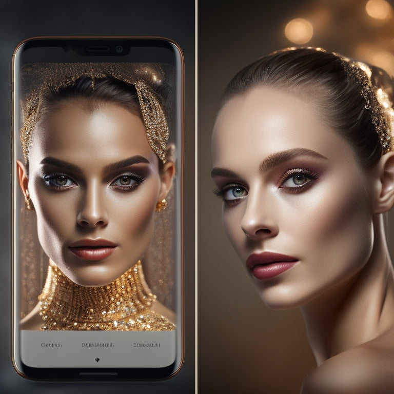 A sleek, modern smartphone screen displaying a split-screen comparison of a dancer's face with and without professional makeup, surrounded by elegant, swirling dance-inspired shapes and subtle, shimmering stage lights.