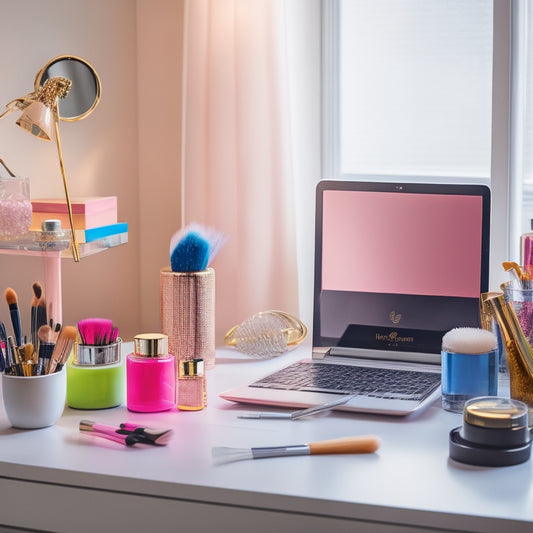 A colorful, clutter-free workspace with a laptop, makeup brushes, and a vanity mirror, surrounded by tidy containers and a few strategically-placed dance shoes, with a subtle sparkle effect.