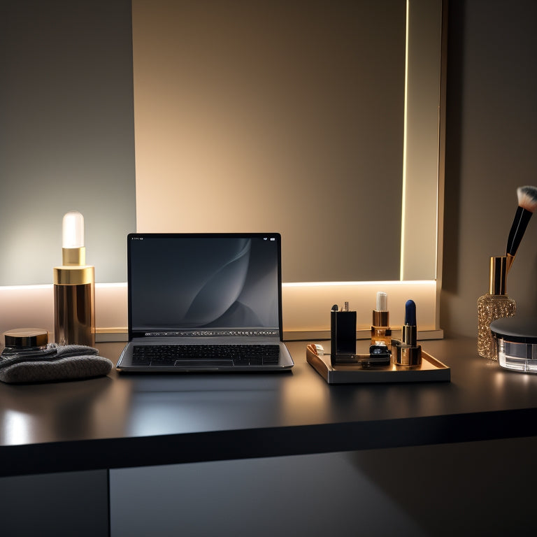 A minimalist vanity with a smartphone, a laptop, and a tablet, surrounded by neatly organized makeup products, with a subtle glow of softbox lights in the background.