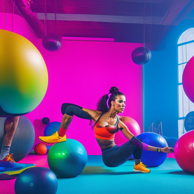 A dynamic illustration of a fit woman in a bold, bright fitness studio, surrounded by colorful exercise balls and speakers, with a silhouette of a DJ in the background, mixing energetic tunes.