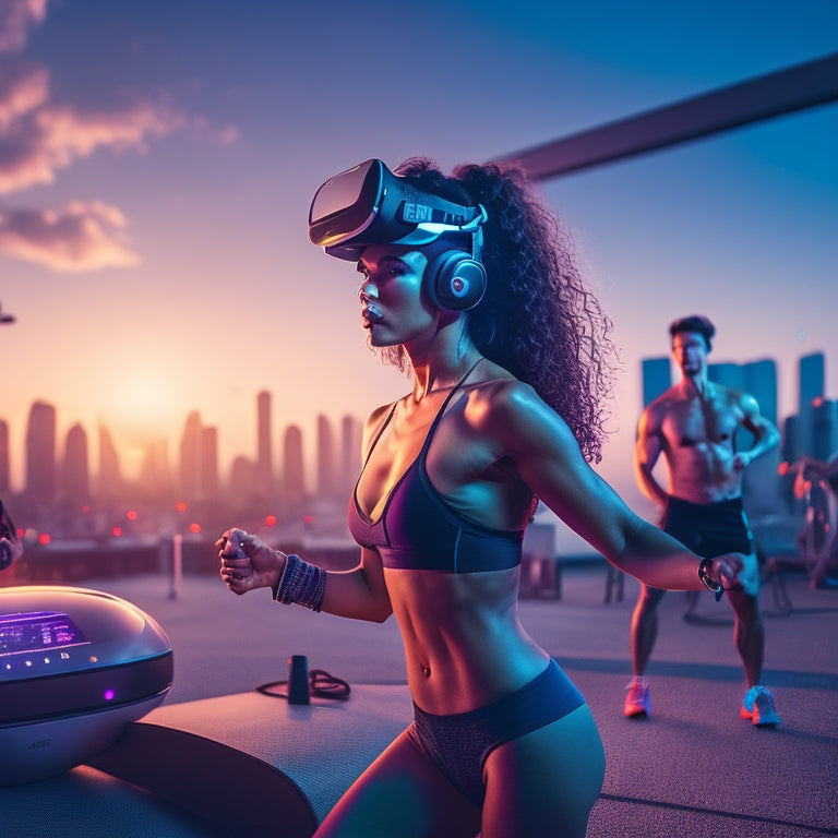A futuristic fitness studio with a young woman wearing a VR headset and holding controllers, surrounded by virtual dance partners and neon-lit disco balls, amidst a cityscape at sunset.