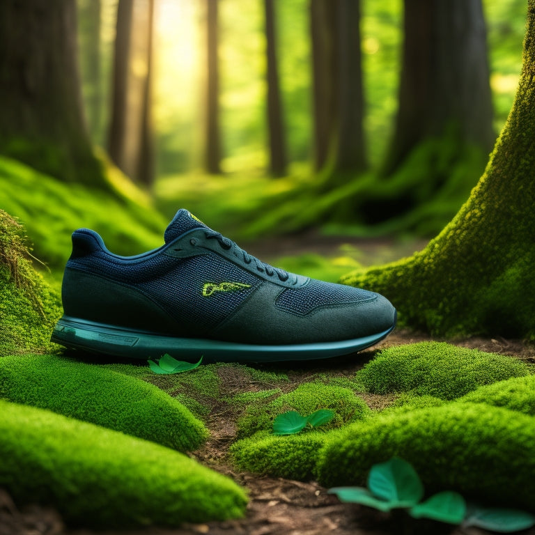 A close-up of a lush green forest floor, with a soft, cushioned insole resting on velvety moss, sunlight filtering through leaves, highlighting the texture of the insole's cushioning and breathable material.