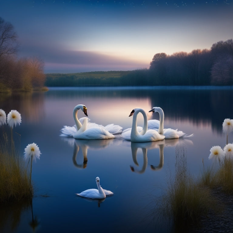 A whimsical, moonlit lake scene at dusk, with four white swans in tutus, delicately poised on one leg, surrounded by misty, feathery reeds and shimmering water droplets.