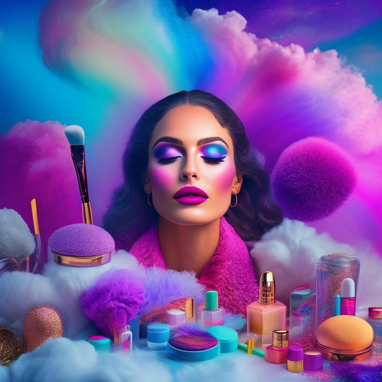 A whimsical, dreamy illustration of Shayna Goldberg surrounded by vibrant, swirling clouds of colorful cosmetics, makeup brushes, and skincare products, with a subtle sparkle and glow effect.