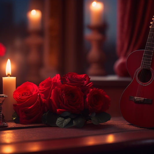 A warm, dimly lit flamenco-inspired scene: a lone guitarist's hands passionately strumming a sleek, polished guitar, surrounded by crimson rose petals and flickering candles, with a subtle, blurred cityscape at dusk in the background.