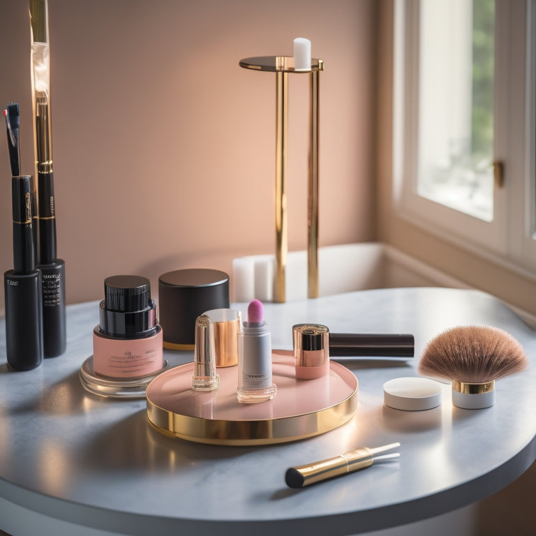 A clutter-free, sleek makeup station with a revolving turntable, a few carefully chosen products, and a few strategically placed brushes, all illuminated by a soft, natural light.