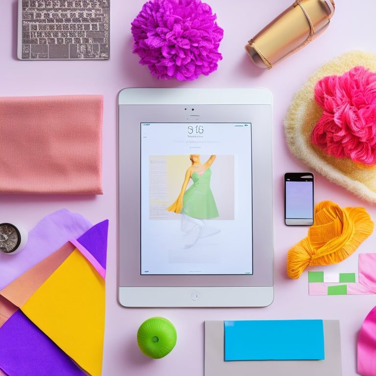 A colorful, minimalist illustration of a dancer's desk with an iPad, surrounded by scattered fabric swatches, scissors, and a half-designed costume sketch, with a subtle dance studio background.