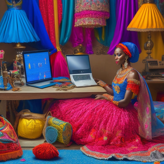 A whimsical illustration of a dancer surrounded by vibrant fabrics, sewing machines, and half-finished costumes, with a laptop and online course tabs open in the background.