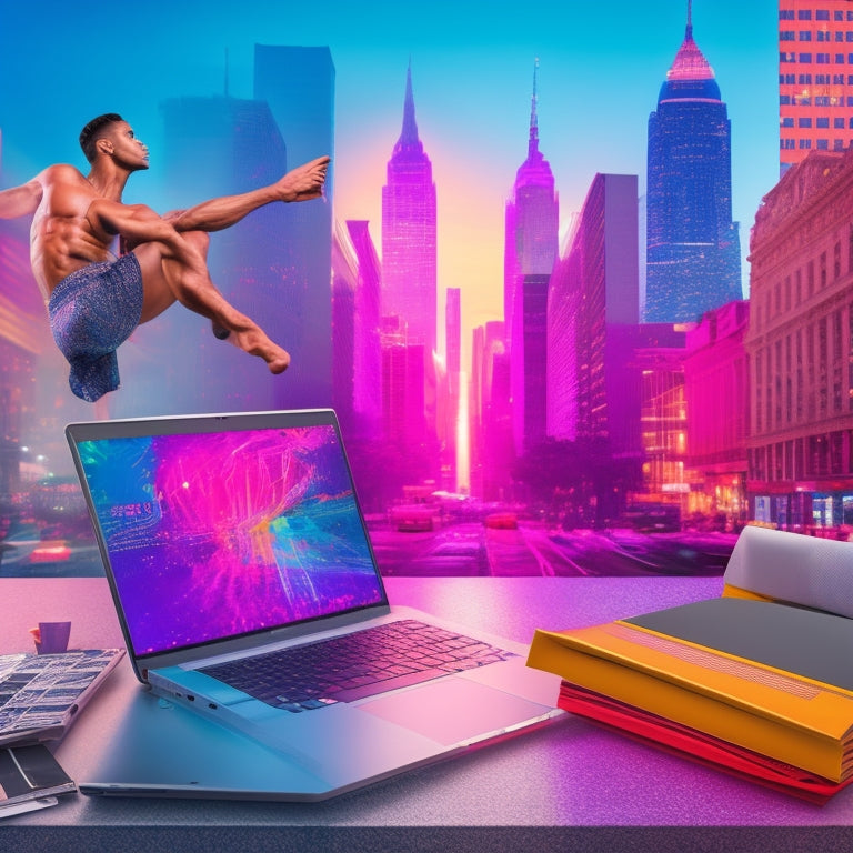 A stylized illustration of a professional dancer in mid-performance, surrounded by scattered marketing materials, such as laptops, notebooks, and colorful sticky notes, with a subtle cityscape background.