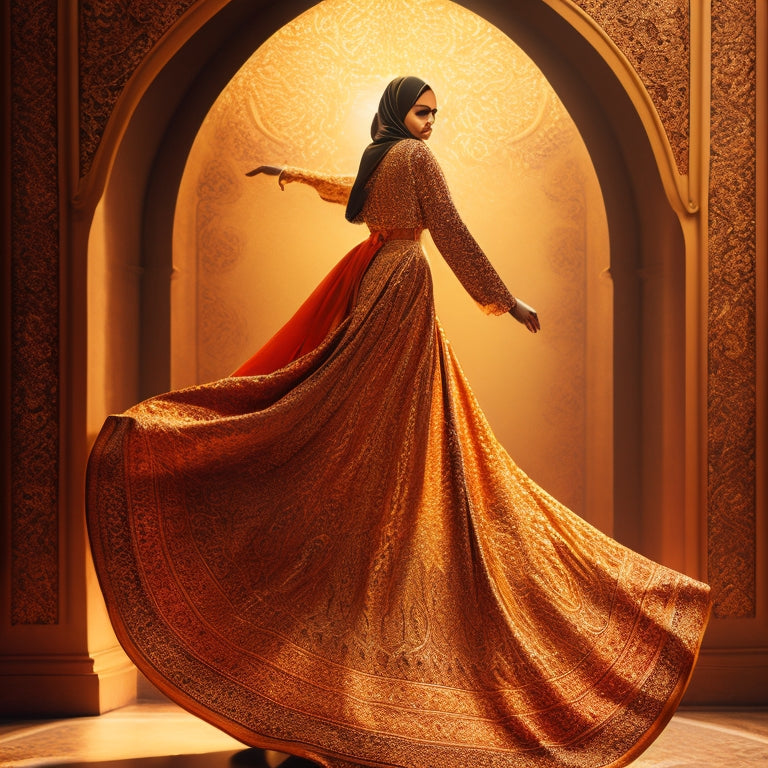 A warm-toned, golden-lit illustration featuring a stylized, ornate Arabic-inspired pattern as the background, with a silhouette of a woman in a flowing, floor-length abaya, dancing in a dynamic, whirling motion.