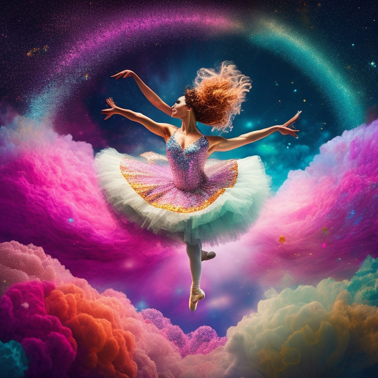 A whimsical illustration featuring a ballet dancer surrounded by swirling clouds of colorful, shimmering glitter, with dance-inspired SVG shapes and delicate, curly vines in the background.