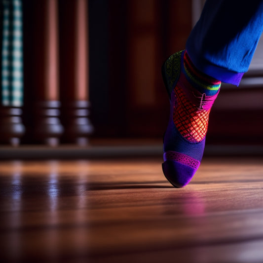 A close-up of colorful, patterned ballroom dance socks on polished wooden dance floor, with a pair of elegantly posed dance shoes nearby, soft lighting highlighting the textures and movement potential of the socks.