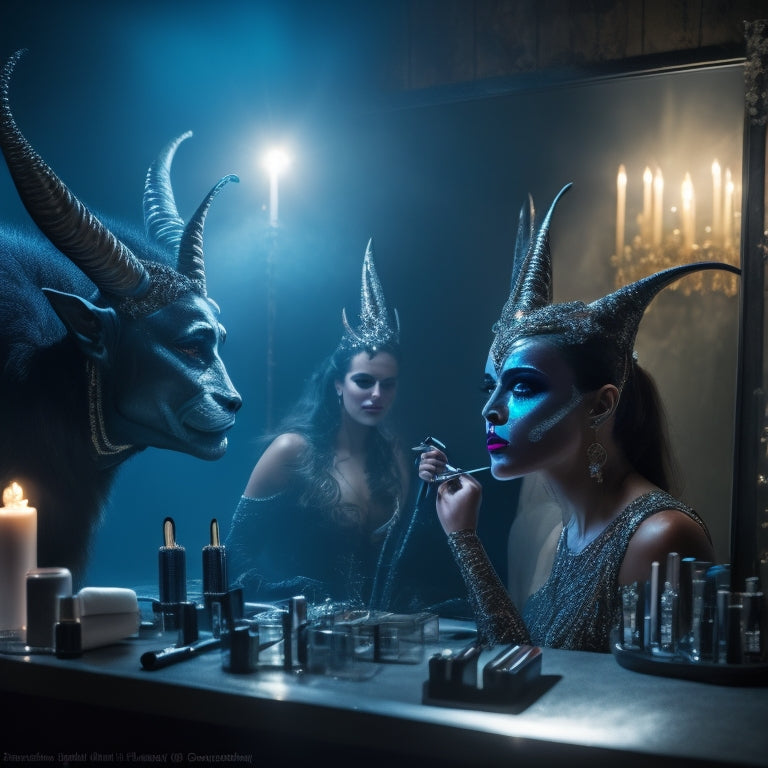 A dimly lit, smoky dance studio with a vanity mirror reflecting a dancer's face, half-transformed into a fantasy creature with prosthetic horns, scales, and glittering eye shadow, surrounded by makeup brushes and special effects tools.