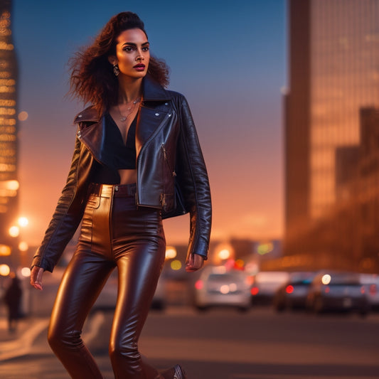 A pair of high-waisted, dark brown leather pants paired with a matching leather jacket, worn by a confident person in mid-dance move, surrounded by a blurred cityscape at dusk.