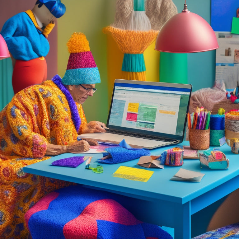 A whimsical illustration of a person sitting at a desk, surrounded by papers, pencils, and belly costume sketches, with a laptop open to a digital design software, amidst colorful fabric swatches and threads.