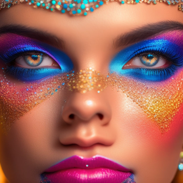 A mesmerizing, close-up composition of a dancer's face, with vibrant, shimmering makeup design, surrounded by scattered rhinestones, glittering eyeshadows, and a few scattered makeup brushes.