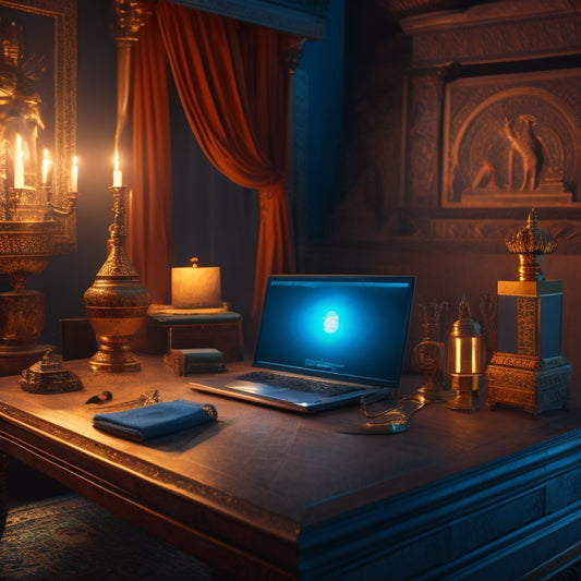 A serene, dimly lit Egyptian-inspired room with a laptop and headphones on a ornate, golden-rimmed table, surrounded by papyrus scrolls, ancient artifacts, and a subtle pyramid silhouette in the background.