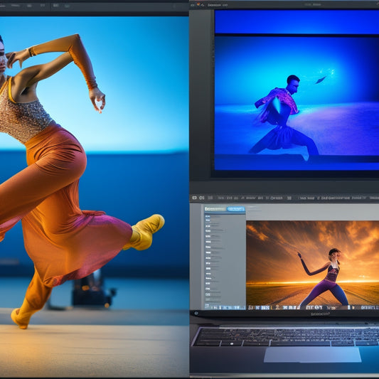 A split-screen image featuring a dancer in motion on one side, with a laptop or desktop screen displaying a video editing software interface on the other, surrounded by dance-inspired editing tools and icons.