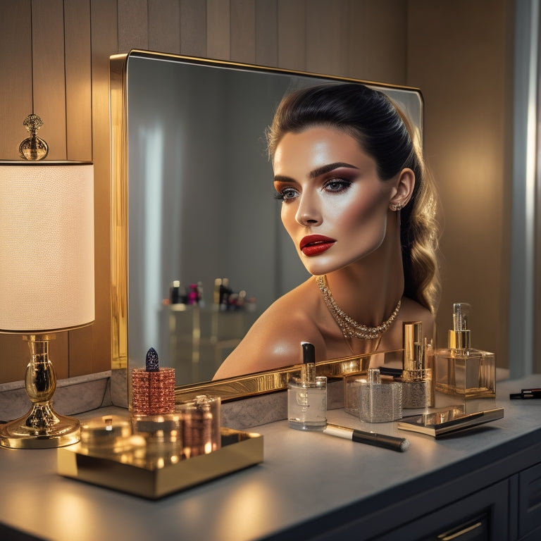 A spotlight shines on a sleek, modern makeup station, surrounded by an array of luxurious products, with a beautifully made-up model sitting in front of a vanity mirror, surrounded by soft, golden lighting.