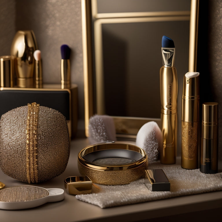 A glamorous, golden-lit vanity table with a football-shaped makeup case, surrounded by brushes, lipsticks, and eyeshadows, with a subtle Texas-inspired patterned background.