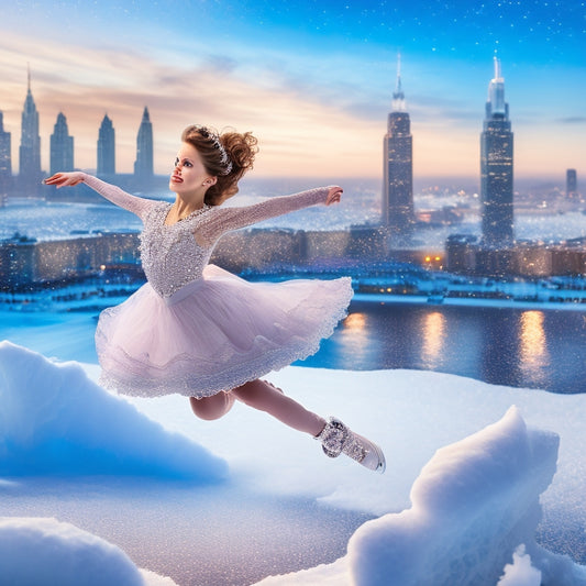 A whimsical illustration of a young figure skater in mid-jump, surrounded by swirling ice crystals, with a subtle cityscape background and a delicate lace pattern overlay.