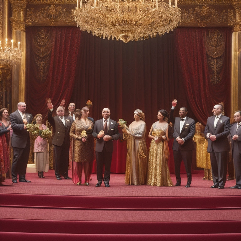 A grand, ornate theater stage with a red carpet and golden curtains, spotlight shining down on a group of diverse, smiling alumni holding trophies and flowers, surrounded by applauding audience members.