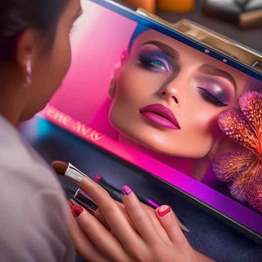 A close-up of a makeup artist's hands holding a tablet, with a stunning, glamorous flipbook design on the screen, surrounded by makeup brushes, mirrors, and colorful cosmetics.