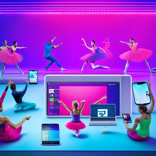 A colorful illustration of a dance studio with laptops, smartphones, and tablets scattered around, surrounded by ballet bars, dance mirrors, and a giant smartphone screen displaying social media icons.