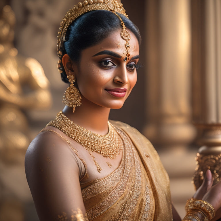 A delicate, intricately dressed Bharatanatyam dancer in a majestic, golden-lit temple setting, surrounded by ornate carvings, with expressive hand gestures and a serene, enigmatic smile.