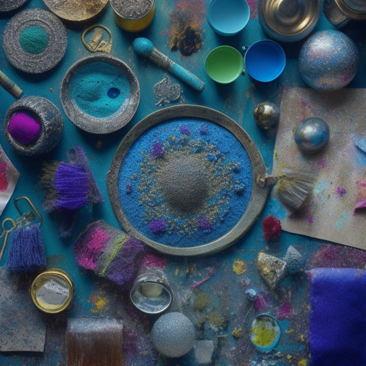 A whimsical art board overflowing with vibrant color swatches, paint-splattered brushes, and crumpled paper scraps, surrounded by intricate metal Allomantic symbols and misty, glowing orbs.