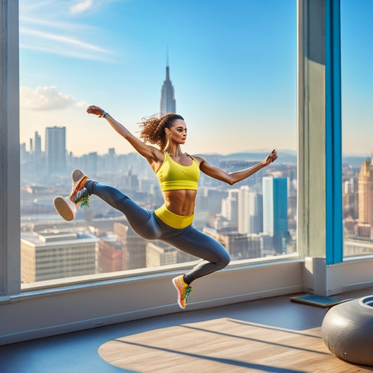 A bright and airy studio with a fit model in mid-jump, surrounded by dumbbells, yoga mats, and a cityscape backdrop, capturing the dynamic energy of a fitness ebook photoshoot.