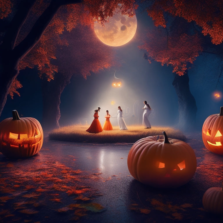 A whimsical illustration of a moonlit dance floor, surrounded by twinkling jack-o'-lanterns, with ghostly silhouettes of dancers in flowing attire, amidst swirling tendrils of mist and autumn leaves.