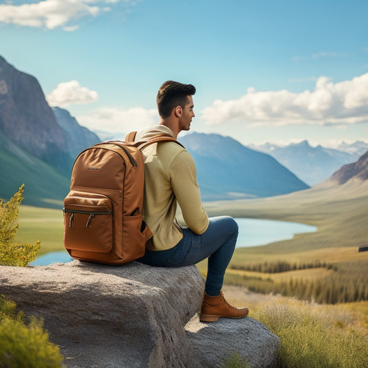 A serene outdoor scene featuring a minimalist traveler with a sleek, lightweight backpack, surrounded by nature, showcasing the backpack's streamlined design, earth-toned colors, and organized compartments against a backdrop of mountains and a clear sky.