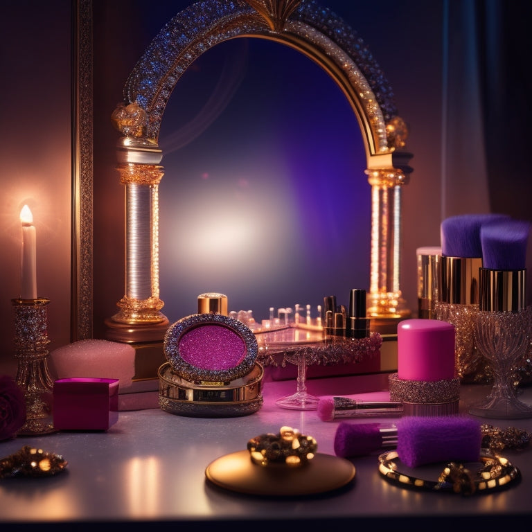 A glamorous, dimly lit vanity with a dance-inspired makeup collection, featuring shimmering eyeshadows, bold lipsticks, and sparkling highlighters, surrounded by a few dance-themed props like a tiara or a ballet slipper.