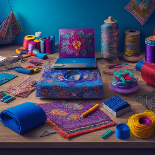 A colorful, whimsical illustration of a desk with a laptop, printer, and piles of vibrant fabric, threads, and sewing notions, surrounded by swirling patterns and creative chaos.