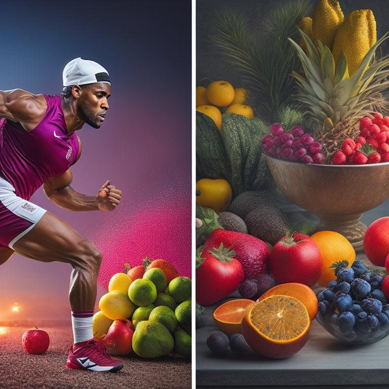 A split-screen image featuring a professional athlete in motion on one side, with a vibrant, colorful arrangement of fruits, vegetables, whole grains, and lean proteins on the other.