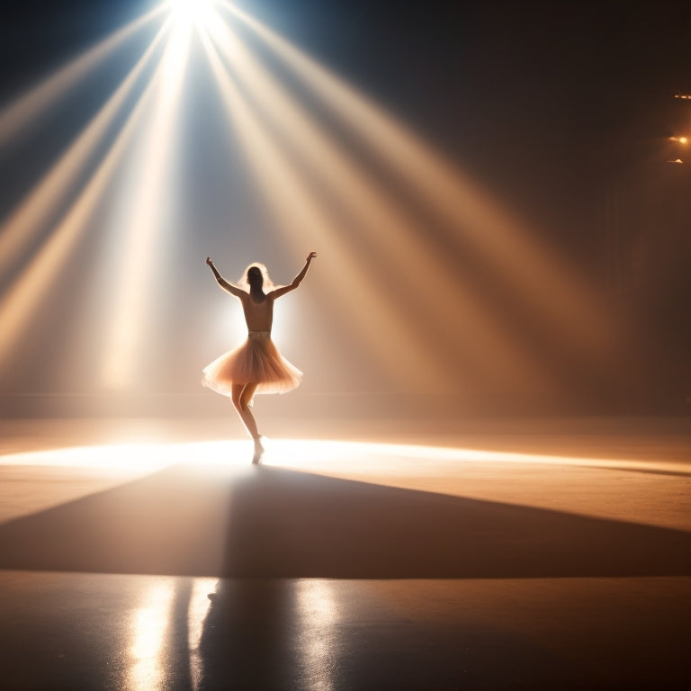 A dramatic, dimly lit stage with a solitary dancer in mid-leap, spotlight shining down, surrounded by a halo of light, with a blurred background and subtle shadows, capturing the dynamic movement.