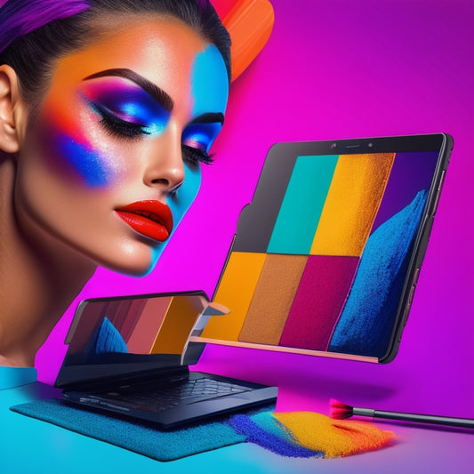 A vibrant, colorful illustration of a laptop or tablet screen displaying a split-screen comparison of a professional dancer's flawless makeup look alongside a novice's imperfect attempt, with various makeup brushes and products scattered around.