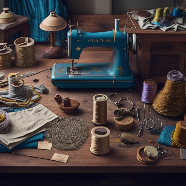 An illustration of various sewing patterns, fabrics, and threads laid out on a wooden worktable, surrounded by vintage sewing machines, threads, and a few finished garments.