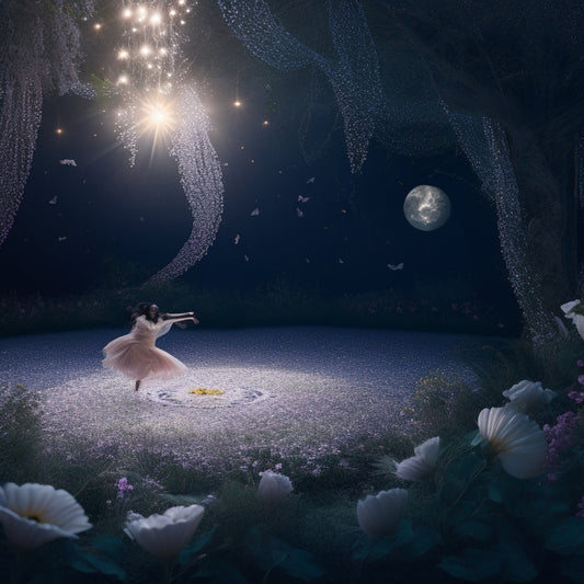 An illustration of a mystical, moonlit dance floor, surrounded by delicate, swirling vines and flowers, with a subtle, shimmering aura, and a few stray, sparkling threads in mid-air.