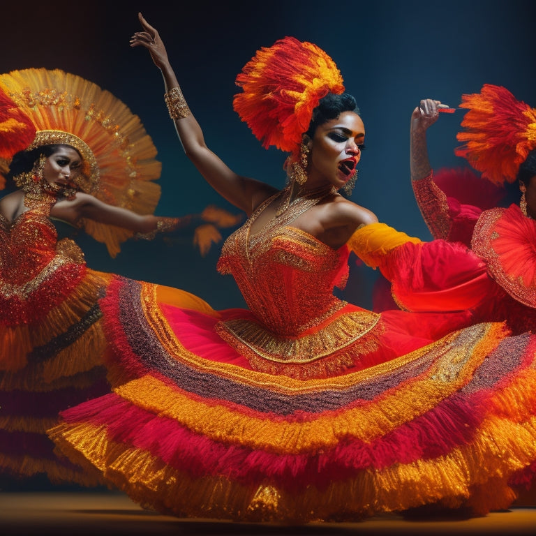 Vibrant, swirling colors of orange, yellow, and red dance across a dark background, evoking the fiery passion of Latin rhythms, with stylized, curved shapes resembling maracas and musical notes.