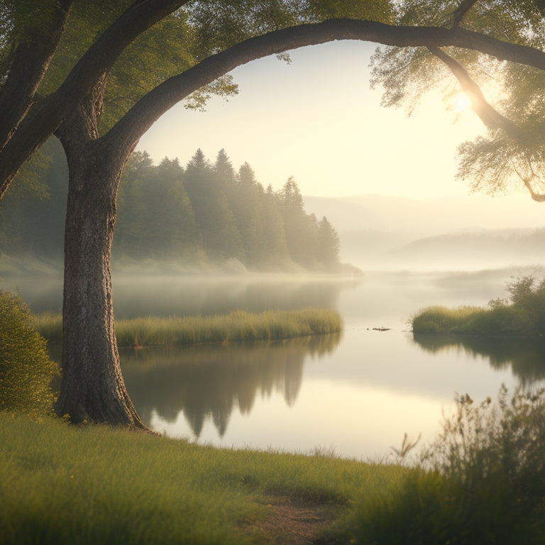 A serene, misty landscape with a gentle, golden light, featuring a tranquil lake, lush greenery, and a subtle, shimmering aura surrounding a delicate, ornate keyhole in the distance.