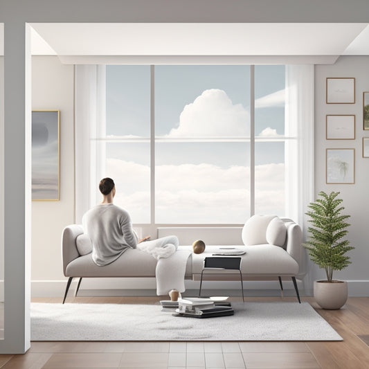 A serene, minimalist illustration of a person in a comfortable, neutral-toned home environment, surrounded by virtual devices, stretching and exercising amidst a subtle, calming background of gentle, swirling clouds.