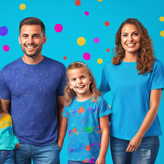 A colorful illustration of a happy family of four (two adults, two kids) standing in a row, wearing matching t-shirts with vibrant, fun designs, against a bright blue background with subtle confetti patterns.