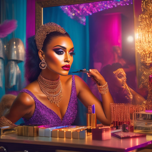 A glamorous, spot-lit dancer stands in front of a vanity, surrounded by makeup brushes, palettes, and mirrors, with a bold, colorful makeup look and a confident, stage-ready expression.