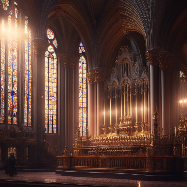 A grand, ornate cathedral with stained glass windows, softly illuminated by warm, golden light, with a majestic pipe organ at its center, surrounded by a sea of uplifted hands.